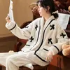 Women's Sleepwear Cute Pajama Sets For Women Winter V-Neck Pyjamas Suits 2 Piece Set Long Sleeve Thick Warm Loungewear Homewear Female