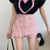 Jupe courte en Denim rose pour femmes, Design d'été, grande taille, ligne A, culotte taille haute Anti-révélation