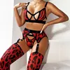 Sexy Set Leopard Lingerie with Stocking Cut Out Bra Sensual Brief Sets 4 Piece See Through Lace Fancy Underwear Garter Intimate 230808