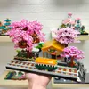 Blokkeert Sakura House Tree Trains Station Bouwstenen Chreeey Flowers City Street View Micro Assemble B Collection Toy Gift R230817