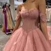 Розовые платья Quinceanera 2024 Милое бальное платье Пышное тюлевое сладкое 16 платьев Аппликация 3DЦветочный шлейф Элегантное кружевное платье для выпускного вечера