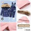 Giù per bambine da neonate snowuit giacca da anatra bianca giacca da bambino a 2 pezzi per bambini neve anteriore indossare bambini pantaloni da snowbib caldi con cappuccio