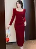Casual Dresses 2023 Autumn Fashion Red Ruched Slim Party Dress Women Vintage Puff Long Sleeve OL Elegant Bodycon Evening Vestidos