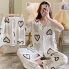 Women's Sleepwear Summer Pajamas Set Thin Short-sleeved Shorts And Trousers Three-piece Cardigan Female Student