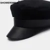 Berets SHOWERSMILE Wool sboy Caps Winter Black Captain Hat Women Leather Flat Ladies Elegant Classic British Baker Boy Cap 230821