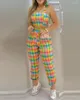 Women's Two Piece Pants Plaid Colorblock Crop Top & Pocket Design Set Women Sleeveless Camis Tanks Tops High Waist Summer Spring