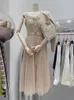 Tweede stuk jurk hoogwaardige Franse vintage kleine geur tweedelige sets vrouwen outfits luxe korte jasjas sling sexy lange jurk pakken 230818