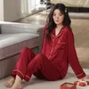 Kvinnors sömnkläder år gåva vår sommarknapp kofta mjuk fläck långärmad pyjamas set kvinnor röda siden hemkläder