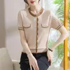 Dames truien tuangbiang vrouwelijke zomer wafel 2023 parel knop pullovers mock pocket o-neck breier korte mouwen t-shirts vrouwen dun los