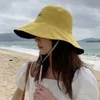 Sombreros de ala ancha, sombrero de margaritas de cubo, sombrero de doble cara, gorra de pescador portátil plegable de algodón con cuerda de viento para mujer, playa para el sol al aire libre 230821