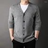 Men's Sweaters Autumn V-neck Knit Cardigan Trend Vertical Striped Casual Top Fashion Great Wall Print Sweater Coat/ Mens