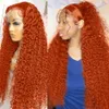 220%density 30 Inch Ginger Orange Loose Curly Transparent Lace Front Human Hair Wig Deep Wave Colored 13x4 Lace Frontal Wigs for Women