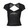 Women's T Shirts Sexy Square-neck Backless Black T-shirt Y2K Aesthetic Mesh Sheer Hollow Out Crop Top Summer Streetwear Short Sleeve Tees