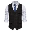 Herenvesten Vintage Style Men Vest Plaid Print Business Waistcoats voor slanke enkelvoudige borsten met zakken slanke fit werk formeel