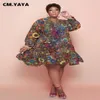 CM Yaya Femmes Plus taille Robe Impression Full Sleeve O-cou Longueur du genou robes maxi vestiges sexy Vestide