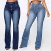 Women's Jeans Fashion Tight Button Patch Pocket Wash Long Pants Spring Autumn Ladies Flare High Stretch