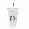 Starbucks Mugs 24oz 710ml Plastic Tumbler Reusable Black Drinking Flat Bottom Cups Pillar Shape Lid Straw FY4448 06262322