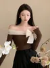 Women s Hoodies Sweatshirts Off Shoulder Sweater Women Y2k Clothes Ladies French Style Elegant Sexy Slim Stretch Pullovers Spring Autumn Bow Slash Neck Tops 230821