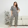 Vêtements de nuit pour femmes Sexy léopard imprimé Satin femmes pyjamas deux pièces ensemble été à manches courtes chemise pantalon costume décontracté Pijamas Homewear