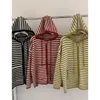 Kvinnors stickor Tees Korean Fashion Stripes Hooded Knit Cardigan Woman Red Loose Casual Autumn Winter Sweater dragkedja överdimensionerad långärmad topp 230816