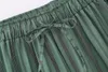 Kvinnors sömnkläder Kvinnor Gröna randiga singelbröst med långärmad skjorta slipsar upp avslappnade byxor för två stycken outfit