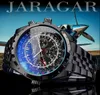 その他のウェアラブルデバイスJaragar Blue Glass Design Black Silver Automatic Watch Stainless Steels Date Clock Luminous MenビジネスメカニカルリストウォッチX0821