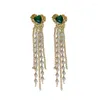 Dos Boucles D'oreilles Déclaration Or Couleur Perle Chaîne Vintage Vert Pierre En Forme De Coeur Long Gland Clip Sur Pas De Piercing Pour Les Femmes