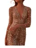 Lässige Kleider 23 modische und sexy Deep V Doppelschicht Schlanke Taille Perspektive Gold verpacktes hip elegantes Kleid Langarm Abend Dres