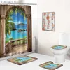 Shower Curtains Seaside Beach Shower Curtain Tropical Landscape Window Ocean Natural Scenery Fabric Bathroom ath Mat Rugs Sets Decor R230821