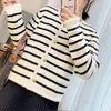 Damesbreien T Tees White Black Striped Short Cardigan Women Korean Fashion Sweater Elegant Long Sleeve Top Spring Cardigan Women Traf 230816