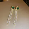 Dos Boucles D'oreilles Déclaration Or Couleur Perle Chaîne Vintage Vert Pierre En Forme De Coeur Long Gland Clip Sur Pas De Piercing Pour Les Femmes