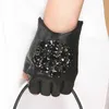 NH Winter Real Leather Handschoenen Women Modemerk Hoogwaardige Zwarte Goatkin Stone Fingerless Gloves High Street Mitten237G