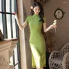 Ethnische Kleidung Frauen grün verbessert Cheongsam Qipao Solid Color Summer Kleid Slim Party Kostüm Vintage Kleider S bis 2xl