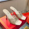 Zapatillas de tacón de aguja con decoración de diamantes de imitación Mulas Seda ahuecada Slip-on Punta abierta para mujer Sandalias Diseñadores de lujo Tacones altos Calzado de fábrica Con caja