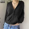 Femmes Tricots T-shirts LAISIYI Vintage Brun Solide Chandails À Capuche Femmes Automne Hiver Lanterne Manches Zip Up Veste Cardigan Tricoté Hoodies 2023 Tops HKD230821