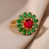 Wedding Rings Marquise Green Stone Big Flower For Women Silver Gold Color Round Red Zircon Bands Luxury Adjustable Party Jewelry