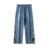 Herren Jeans Baggy Bär bedrucktes Weitbeinhose Hip Hop Street Loose Denim Elastic Taille Schnürung Casual 230818