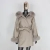 Womens Wool mistura a jaqueta de inverno de pele real Mulheres 100% de colarinho natural Cuffs Cashmere Oversize Outerwear 230818