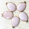 Pendant Necklaces Natural Roses Quartz Stone Artificial Cut Golden Edging Pink Crystal Pendants Water Drop For Women Jewelry Making 5PCS