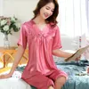 Pijama de roupas de dormir feminino verão sexy set manga curta roupas de noite coreana de primavera outono de seda de seda de seda usa camisola de estilo fino