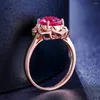 Cluster Rings Flower Shape Ruby Gemstones Red Crystal For Women Zircon Diamonds Rose Gold Color Jewelry Bijoux Bague Party Gifts