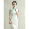 Ropa étnica 2023 estilo chino mujeres sin mangas Cheongsam vestido Vintage blanco Casual diario Hanfu señora Oriental elegante fiesta