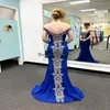 Modest Mermaid Gold Lace Evening Dress Off Shoulders Royal Blue Prom Dress Plus Size Ceremony Formal Occasion Party Gowns Dinner Dubai Abaya Evening Gowns 2023