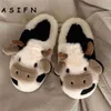 Tofflor Asifn Girls Milk Cow Cushion Slippers Women Home Slides Fluffy Winter Warm Cartoon House Söta roliga skor Zapatos de Mujer HKD230821