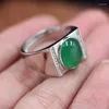 Cluster Rings Real 925 Sterling Silver Vintage Green Chalcedony Ring Large Male