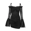 Casual Dresses Gotic Women's Mesh Long Sleeve Square Neck Ruched Party Club Cocktail Bodycon Mini Dress Wood Edge Wrap Hip