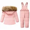 Giù per bambine da neonate snowuit giacca da anatra bianca giacca da bambino a 2 pezzi per bambini neve anteriore indossare bambini pantaloni da snowbib caldi con cappuccio