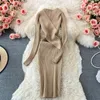 Robes décontractées français Chic filetage robe tricotée pour les femmes col en v a-ligne femme à manches longues bouton dames automne Vestidos livraison directe
