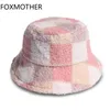 Wide Brim Hats Bucket FOXMOTHER Outdoor Fashion Panama Fishing Caps Faux Fur Check Plaid Bob Chapeau femme Winter gorras 230821