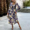カジュアルドレス女性春夏ファッション花柄の花柄の長袖vネックプルオーバードレスルーズシフォンスカート